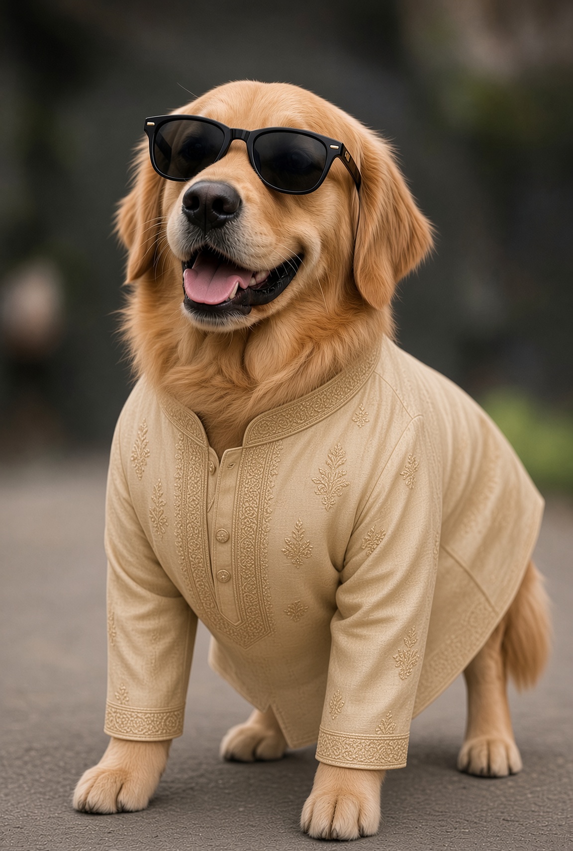 Golden retriever in sunglasses and an embroidered cream kurta, standing outdoors